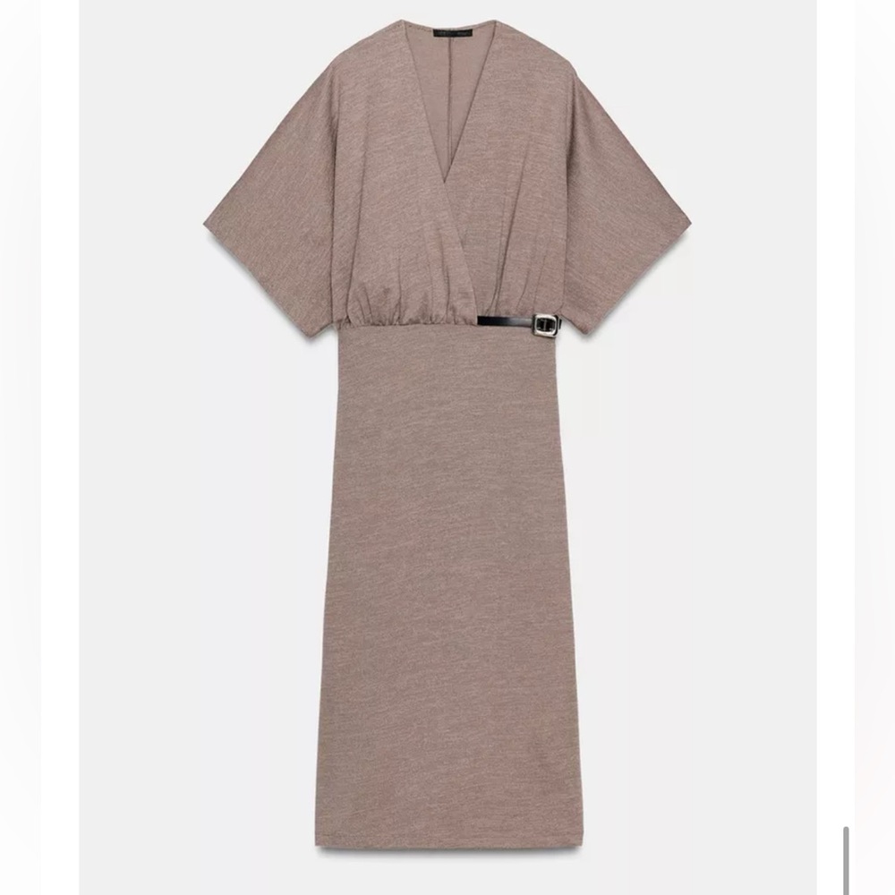 NWT ZARA Belted Pique Midi Dress Light Brown Wrap V-Neck Ruched Women Large